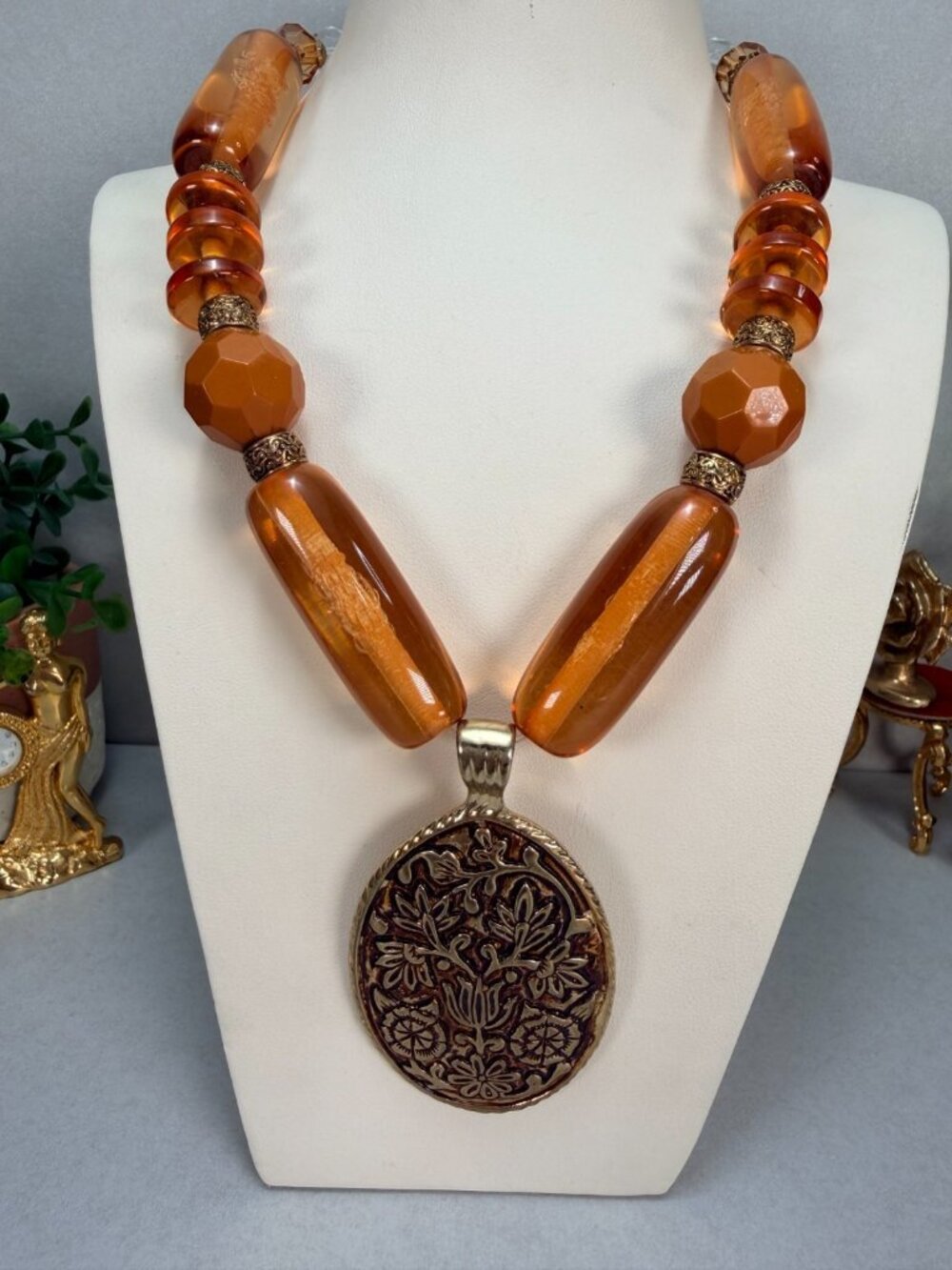 Vintage Style Lucite Amber Statement Necklace Large Filigree Pendant Boho